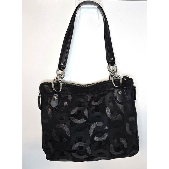 Coach Sig Kristin Metallic Zip Bag Tote Shoulder Bag Black/Silver 18286 - Picture 5 of 15